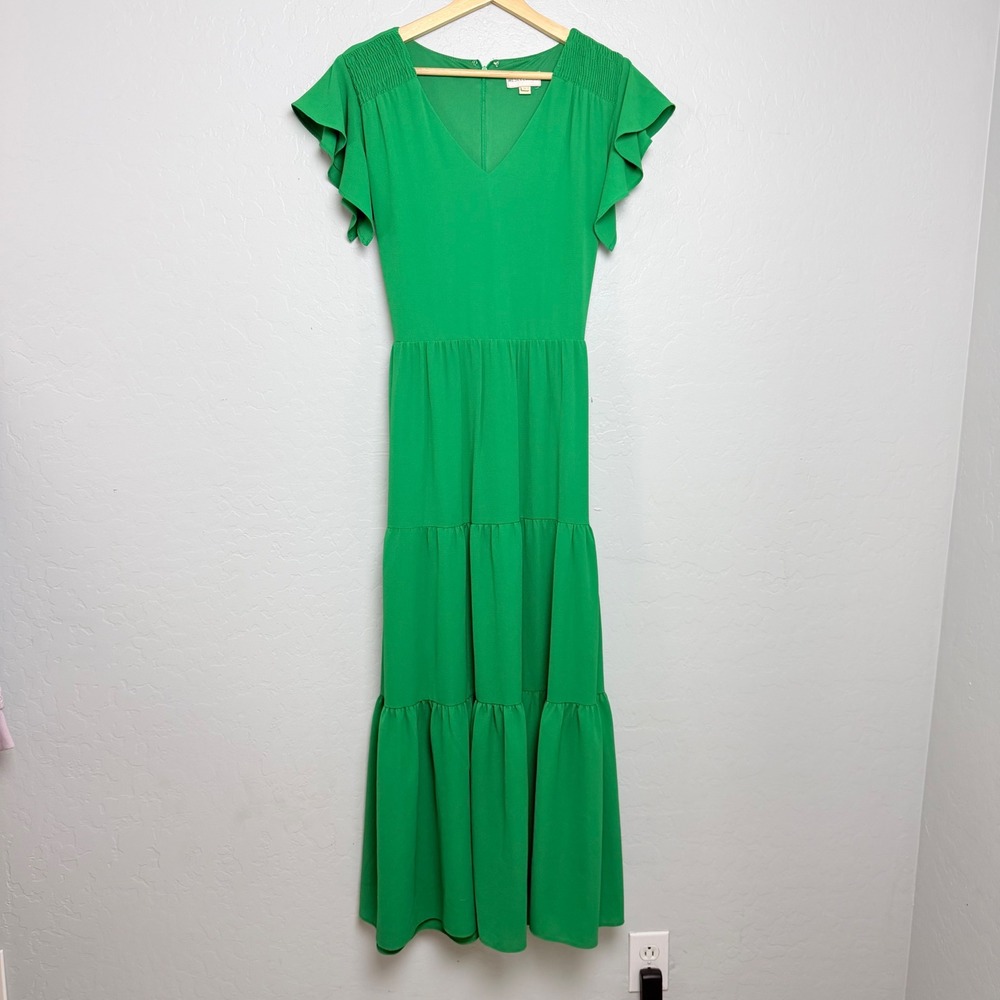 Weslee Rose Green Tiered Maxi Dress V-Neck Ruffle Sleeve Waist Tie Womens Medium